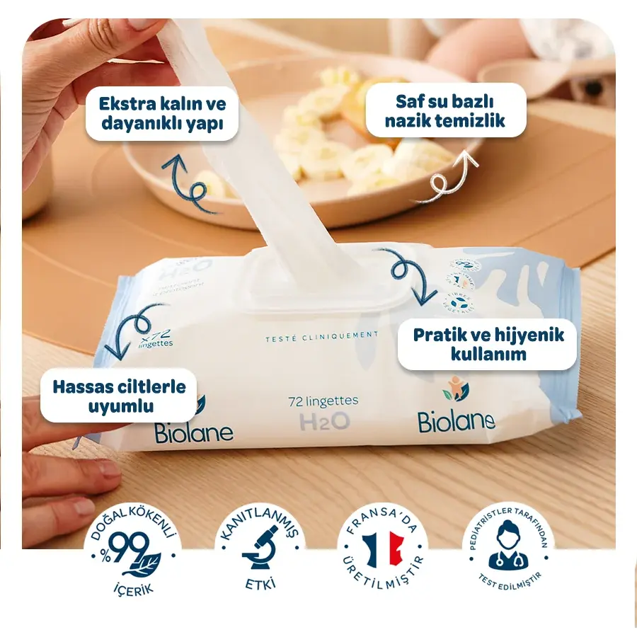 %99 Doğal İçerikli %100 Doğal Lifli H2O Kalın Bebekler için Islak Mendil (72 Adet)