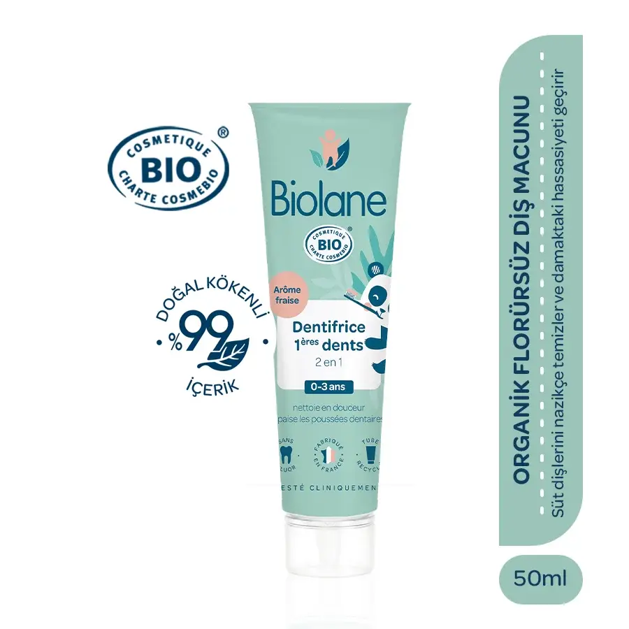 %98 Doğal İçerikli Organik Florürsüz Bebek Diş Macunu (50ml) - Organik Sertifikalı SKT: 08/2026