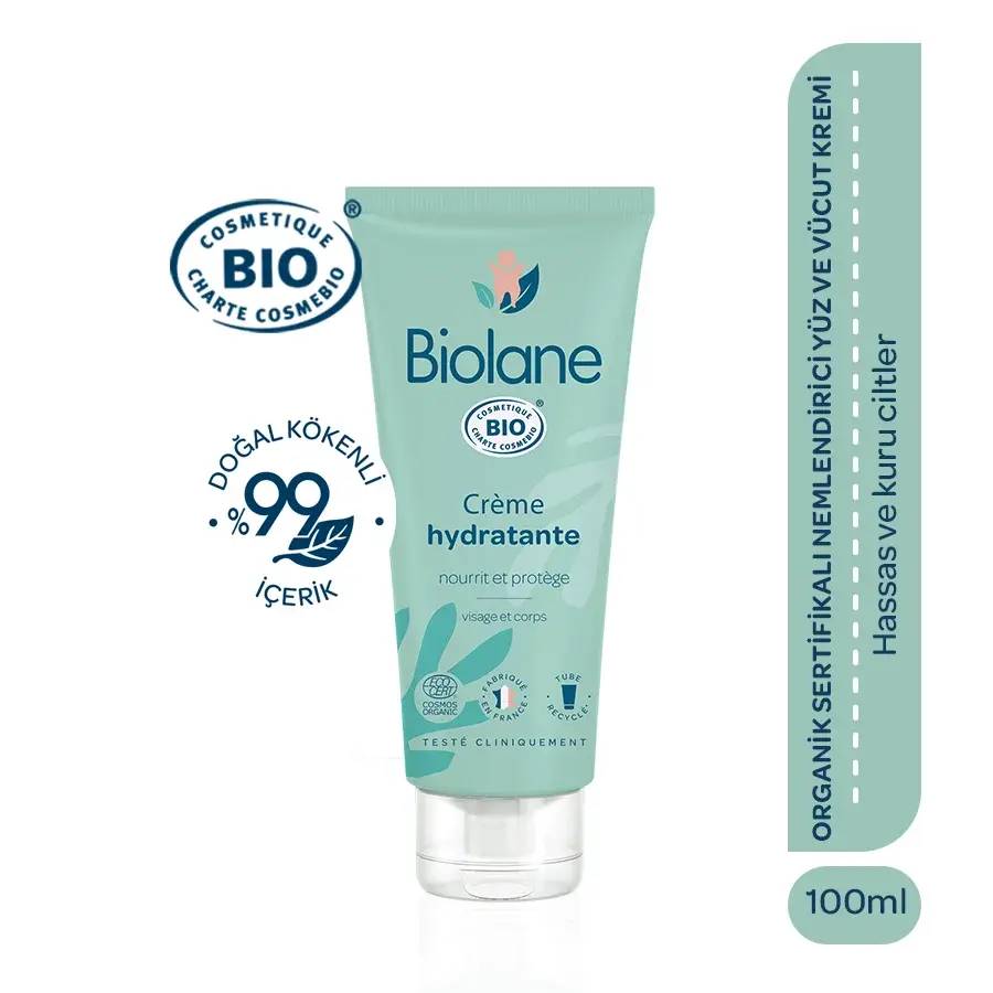 %99 Doğal İçerikli Hassas Ciltler için Nemlendirici Organik Bebek Çocuk Yüz ve Vücut Kremi (100ml)