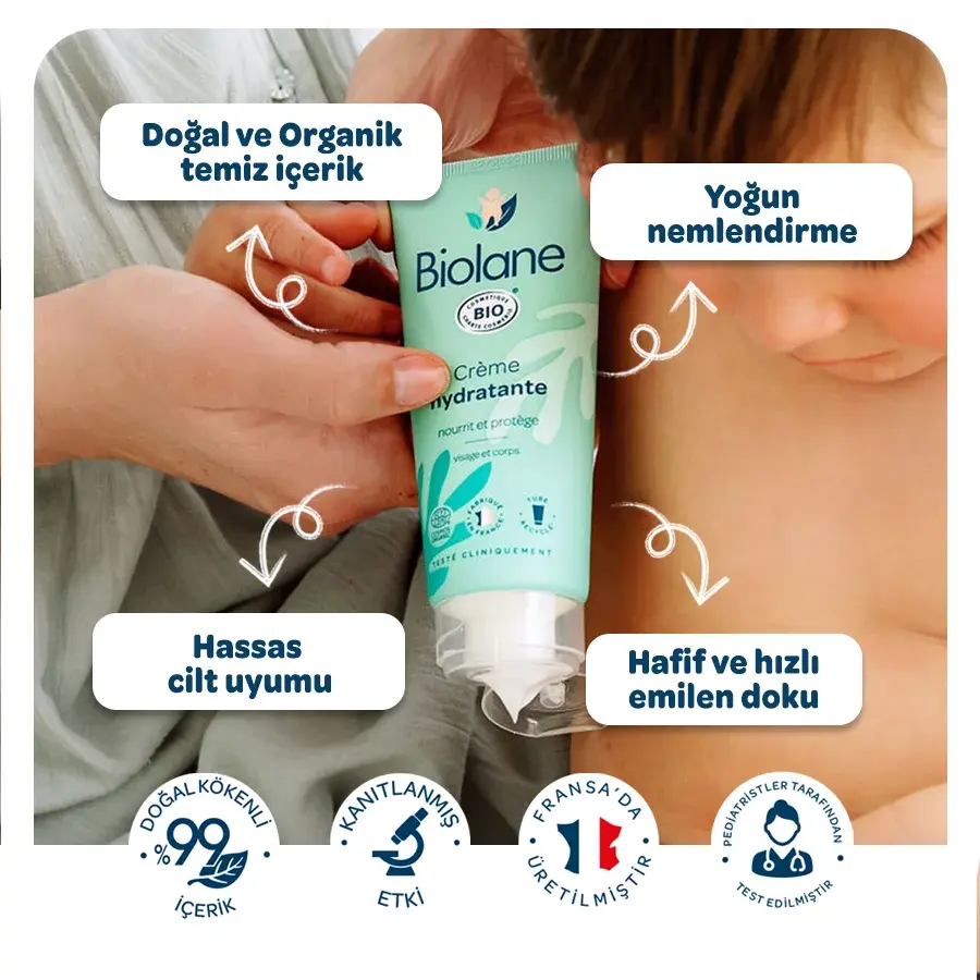 %99 Doğal İçerikli Hassas Ciltler için Nemlendirici Organik Bebek Çocuk Yüz ve Vücut Kremi (100ml)