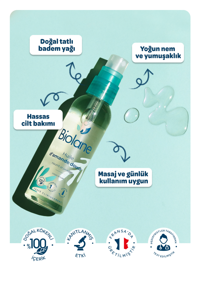 %100 Doğal Hassas Ciltler için Yumuşatıcı Besleyici Koruyucu Tatlı Badem Yağı Spreyi (75ml)