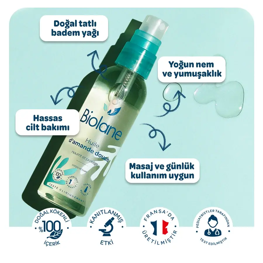 %100 Doğal Hassas Ciltler için Yumuşatıcı Besleyici Koruyucu Tatlı Badem Yağı Spreyi (75ml)