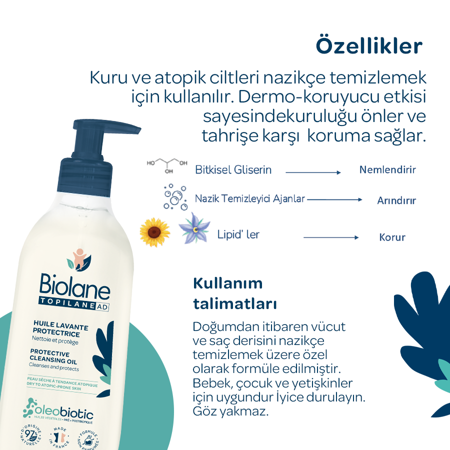 Atopik Kuru ve Çok Kuru Cilt için %97 Doğal İçerikli Temizleyici Yağ (350ml) - Onarıcı ve Koruyucu
