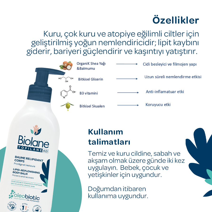 Atopik Kuru ve Çok Kuru Cilt için %97 Doğal İçerikli Lipit Yenileyici Vücut Balsamı (350 ml)
