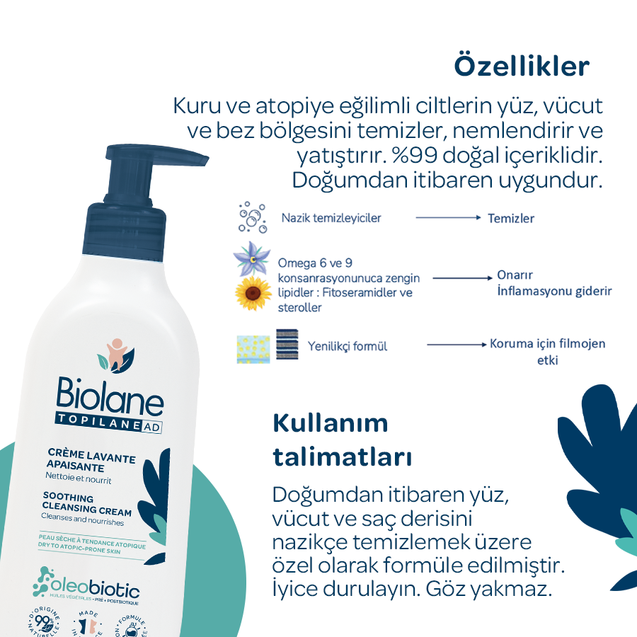 Atopik Kuru ve Kuru Cilt için %99 Doğal İçerikli Onarıcı Yatıştırıcı Temizleyici Krem (350ml)